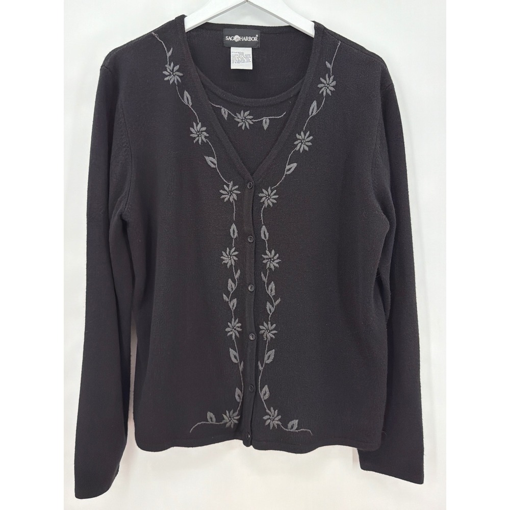 Sag Harbor Black Floral Embroidered Cardigan Sweater Set XL F93142 Twinset